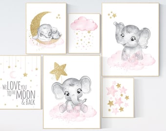 Girl nursery wall art elephant, pink gold nursery art, elephant nursery decor girl, elephant nursery print, girl nursery ideas, room decor