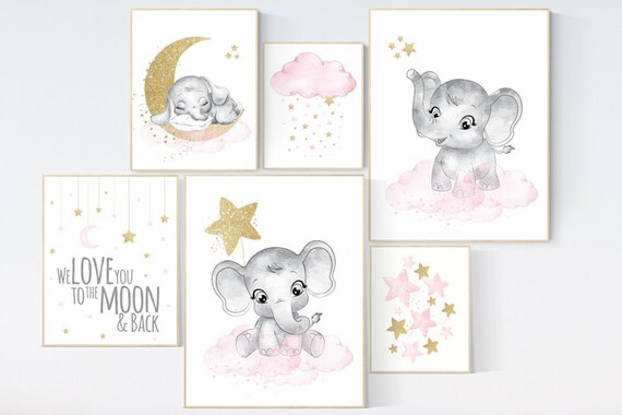 Girl nursery wall art elephant, pink gold nursery art, elephant nursery decor girl, elephant nursery print, girl nursery ideas, room decor