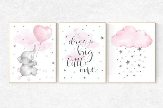 Baby room decor, Nursery wall art girl elephant, pink and gray, nursery decor elephant nursery, dream big little one, cloud and stars