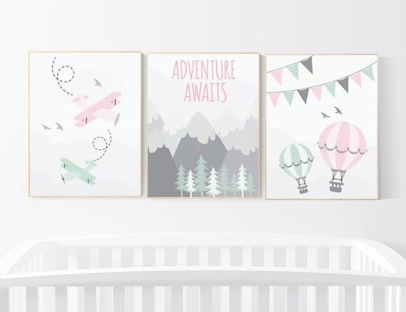 Nursery decor girl mountain, adventure nursery, nursery decor travel theme, world map mountain nursery, pink mint grey, girl room decor