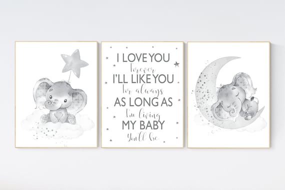 Nursery wall art gender neutral, gray nursery, elephant nursery wall decor, neutral nursery, baby room decor, grey nursery, unisex, twins