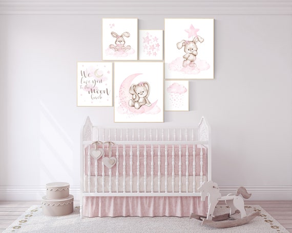 Baby room decor girl, Nursery decor girl flower bunny, Nursery wall art girl, Rabbit nursery print, nursery print set girl, pink nursery