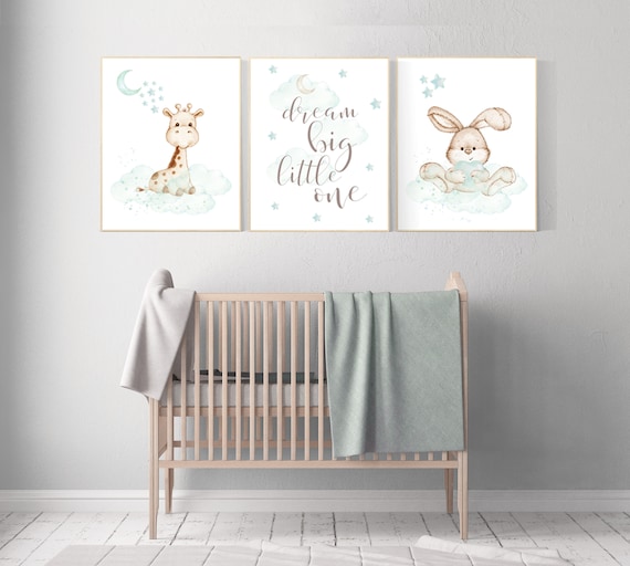 Nursery wall art animals, mint nursery decor, baby room wall decor, woodland animals, jungle animals, bunny, giraffe, nursery prints