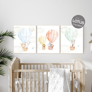 Animal Hot Air Balloon Nursery Decor Prints: Elephant, Giraffe, Bear