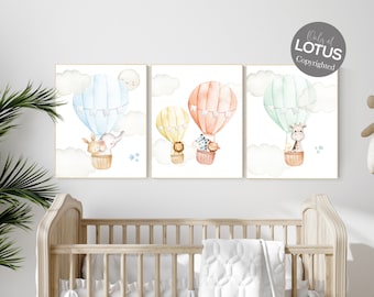 Animal Hot Air Balloon Nursery Decor Prints: Elephant, Giraffe, Bear