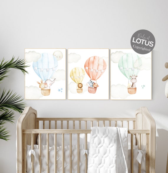 Nursery decor animals, hot air balloon, elephant giraffe, bear, gender neutral, nursery decor twins, animal nursery, balloon nursery