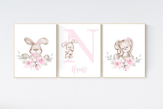Nursery decor girl flower bunny, nursery wall art bunny, pink nursery decor, bunny print nursery girl, rabbit nursery, rabbit print nursery
