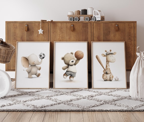 Baby Animal Sports Nursery Print: Baseball, Soccer, Basketball