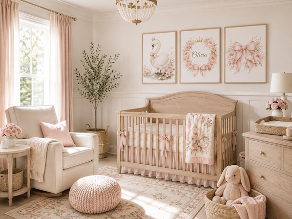 Personalized Swan Nursery Wall Art Set of 3, Blush Pink Floral Princess Swan