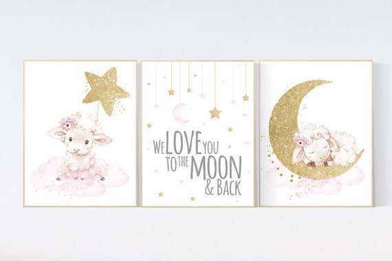 Nursery decor girl, Pink gold nursery decor, Sheep nursery decor, lambs, we love you to the moon and back, nursery wall art, moon cloud star