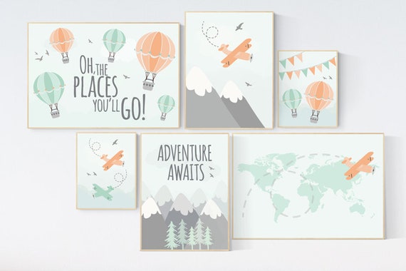 Hot air balloon nursery, oh the places you'll go nursery prints, gender neutral nursery decor, nursery wall art boy airplane, nursery set