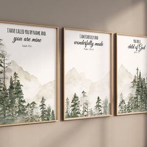 Mountain Nursery Art Print: Sage Green Forest, Bible Verse Decor