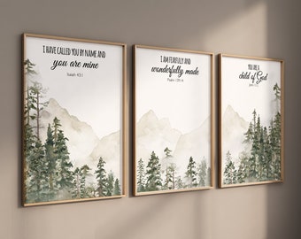 Mountain Nursery Art Print: Sage Green Forest, Bible Verse Decor