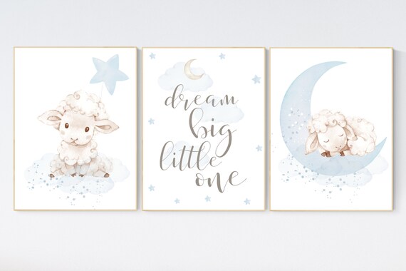 Sheep nursery decor, blue grey nursery, nursery decor lambs, nursery wall art sheep, baby boy nursery, gray blue, nursery wall decor