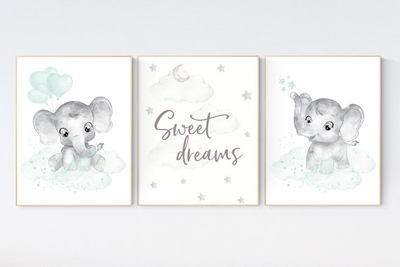 Nursery wall art gender neutral, nursery decor neutral, mint green nursery, baby room decor stars and moon, mint green elephant animal print