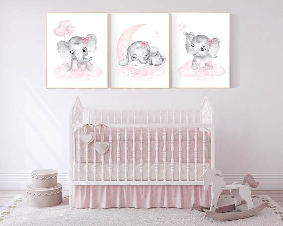 Nursery wall art girl elephant, pink and grey, nursery decor girl pink, moon, stars, nursery prints, baby room decor, girl nursery, animals