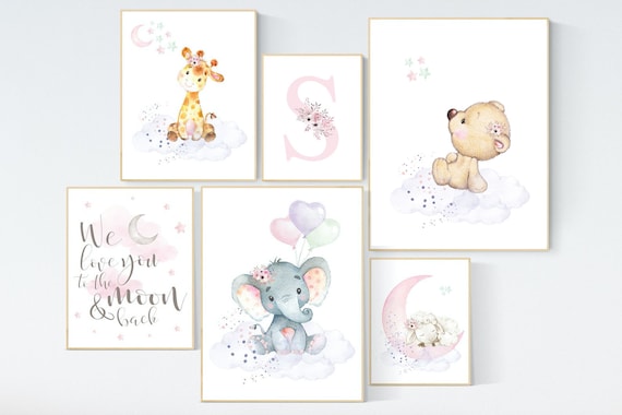 Nursery decor girl animals, nursery prints set, Nursery decor jungle, nursery prints animal, pink nursery art, elephant giraffe sheep bear