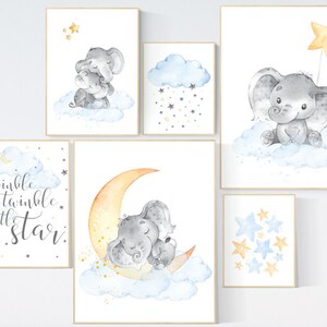 Décor de pépinière neutre, Crèche imprimés éléphant, décor de pépinière nuages étoiles, genre neutre, chambre de bébé, unisexe, Crèche art mural éléphant