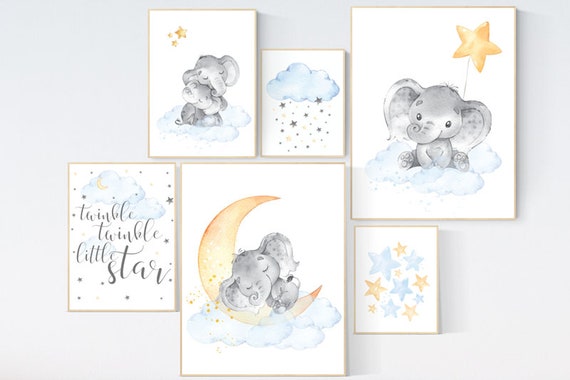 Nursery decor neutral, Nursery prints elephant, nursery decor clouds stars, gender neutral, baby room, unisex, Nursery wall art elephant