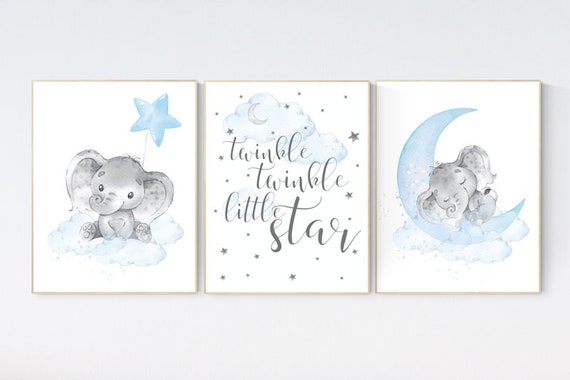 Nursery decor boy elephant, twinkle twinkle little star, clouds and stars elephant nursery, Elephant nursery, nursery decor, boys room decor