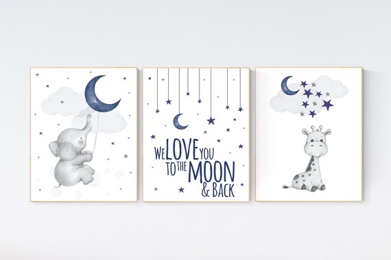 Nursery decor boy elephant, navy nursery decor, we love you to the moon and back, giraffe nursery, navy blue nursery art, elephant nursery