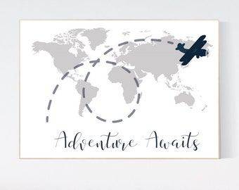 Adventure Awaits World Map Nursery Art Print: Gray, Navy, Airplane