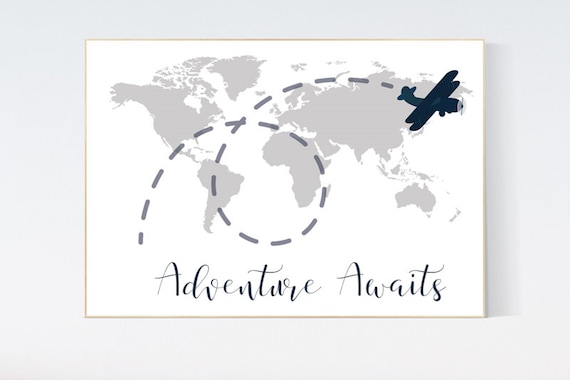 Nursery wall art map, adventure awaits, world map print, nursery decor boy mountains adventure, gray nursery, plane nursery decor, navy gray