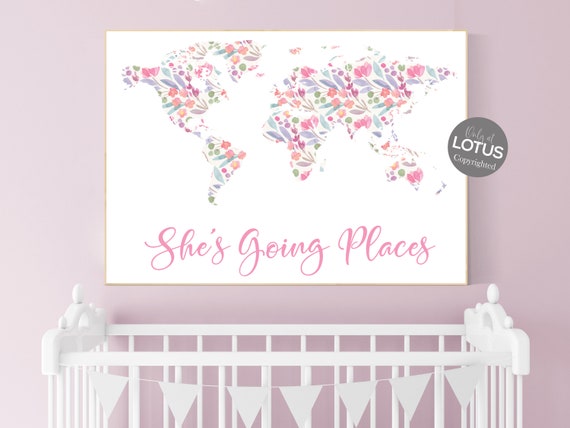 Boho nursery, girl room decor, Floral World Map, Girl Nursery Decor, Travel Nursery, floral Nursery, girl nursery decor, girls room decor