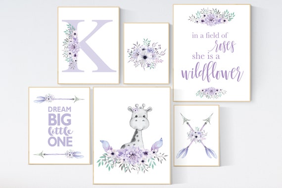 Nursery decor girl boho, purple teal nursery, nursery decor girl flower, nursery wall art  giraffe, lilac nursery, lavender nursery wall art