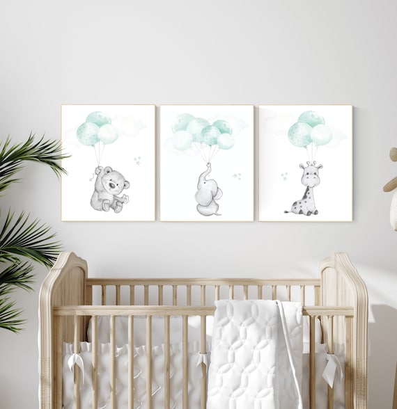 Mint nursery wall art, gender neutral, elephant nursery wall art, animal prints, elephant balloon print, mint green, twin nursery, balloons