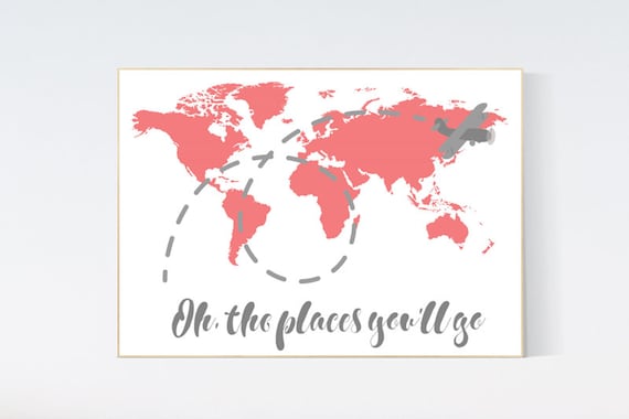 Nursery decor girl coral, coral nursery decor, coral gray nursery, world map print, map nursery art, oh the places you'll go, girls room