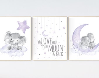 Elephant Nursery Prints: Purple Moon & Stars Baby Girl Art