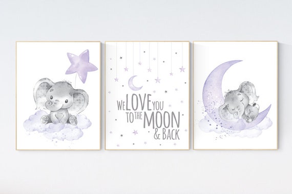 Nursery wall art elephant, Nursery prints girl, purple nursery, lavender, lilac nursery, moon and stars, girl baby room art, nursery set