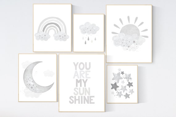 Nursery decor gender neutral, grey nursery, you are my sunshine, Nursery prints rainbow, nursery wall art neutral, gray nursery, moon star