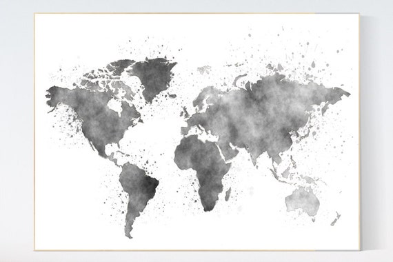 Watercolor World Map, nursery wall art, World map wall art, world map poster, world map print, Nursery Prints, gray nursery, gender neutral