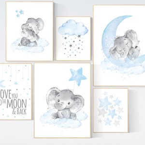 Nursery decor elephant, nursery wall art boy, Blue grey, cloud and stars nursery, elephant nursery art, moon nursery art, baby room wall art