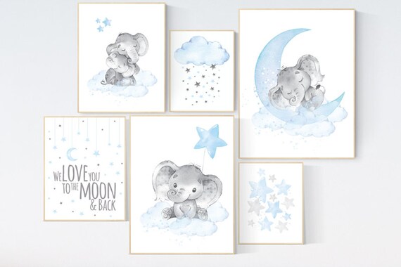 Nursery decor elephant, nursery wall art boy, Blue grey, cloud and stars nursery, elephant nursery art, moon nursery art, baby room wall art