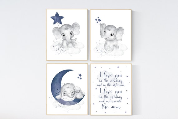 Nursery decor boy elephant, navy nursery decor, moon and stars, navy blue nursery art, elephant, boy nursery, nursery wall art boy