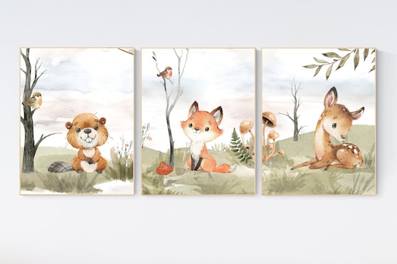 Animal nursery decor, woodland nursery prints, jungle animals, gender neutral nursery, Woodland Nursery, animal prints, fox, deer, squirrel