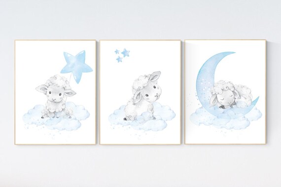 Sheep nursery decor, Nursery decor boy, nursery decor lambs, nursery wall art sheep, moon and cloud wall art nursery, boy nursery decor