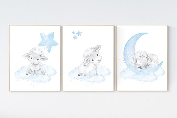 Sheep nursery decor, Nursery decor boy, nursery decor lambs, nursery wall art sheep, moon and cloud wall art nursery, boy nursery decor