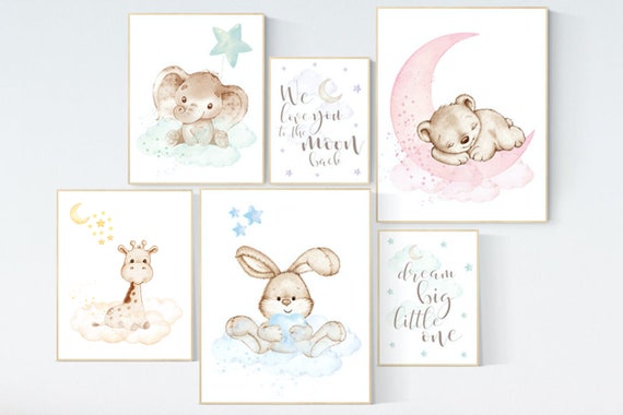 Nursery decor gender neutral, Nursery wall art animals, pastel colors, neutral, bunny, bear, elephant, giraffe, quote nursery wall decor