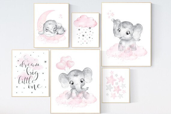 Nursery decor girl elephant, pink grey, nursery decor girl pink, moon and stars, nursery prints girl, nursery girl decor ideas