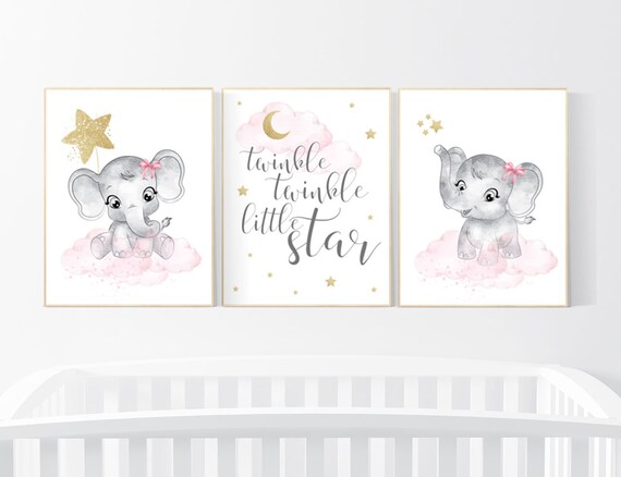 Elephant nursery art, elephant nursery print, pink and gold, Nursery wall art girl elephant, twinkle twinkle little star, nursery decor girl