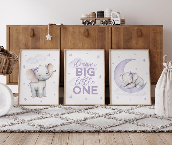 Elephant Nursery Prints: Purple Moon, Stars, Girl Room Decor