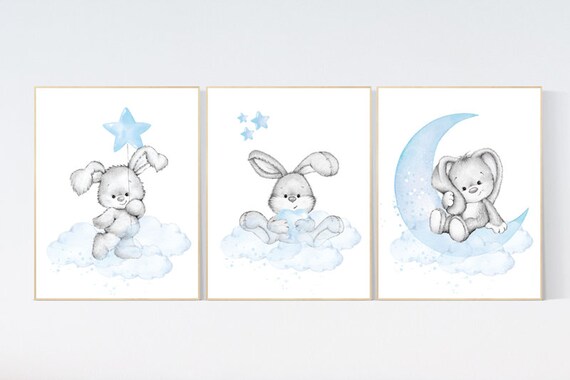 Nursery decor boy bunny, bunny print set, blue nursery, rabbit nursery decor, boy nursery, Bunny print nursery, boy nursery wall art