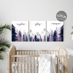 Woodland nursery decor, explore play imagine art, forest nursery art, tree nursery prints, pink and navy, nursery decor girl adventure