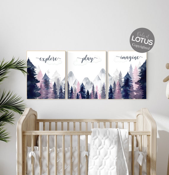 Woodland nursery decor, explore play imagine art, forest nursery art, tree nursery prints, pink and navy, nursery decor girl adventure