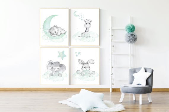 Nursery wall art mint and gray, nursery wall art animals, baby room decor mint and gray, woodland, jungle,  elephant, giraffe, bear, bunny