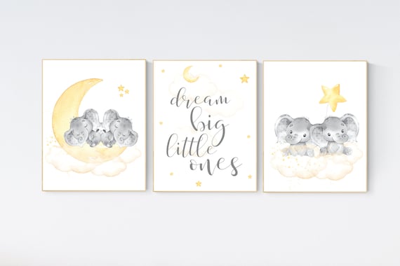 Twin nursery decor, yellow nursery, elephant nursery print, moon and stars, twin babies, nursery wall decor, dream big little ones
